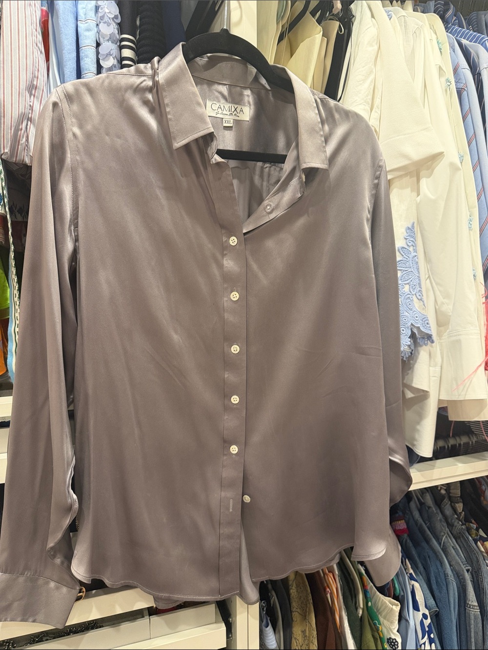 CAMIXA Satin Button-Down Blouse in Silver Gray - say xxl but fits lke an xl